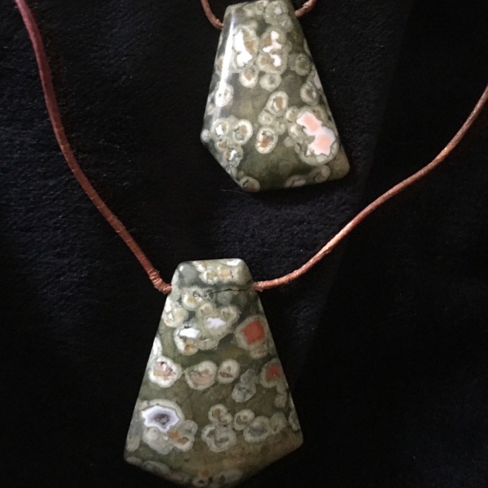 Pair of Fancy Cut Green & Orange Orbicular Jasper Pendants- one repaired.